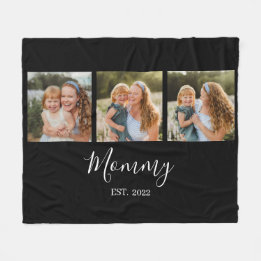 Mom Established Modern Script Black 3 Photo Fleece Blanket