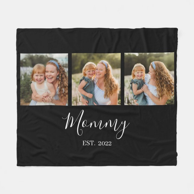 Mom Established Modern Script Black 3 Photo Fleece Blanket (Front (Horizontal))