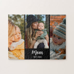 Mom Established Modern Script Black 3 Photo Jigsaw Puzzle