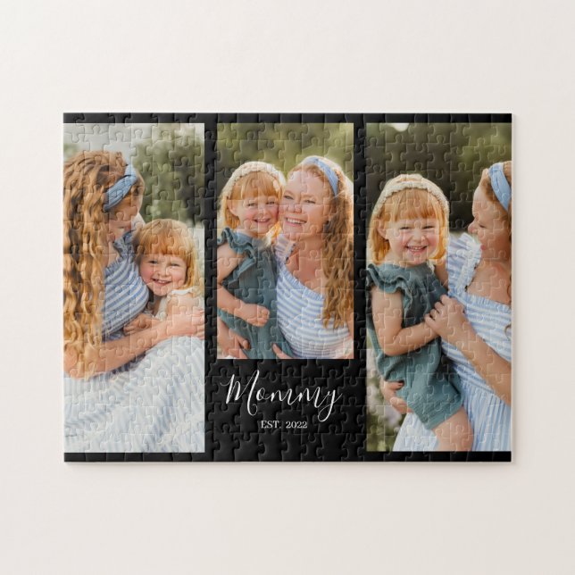 Mom Established Modern Script Black 3 Photo Jigsaw Puzzle (Horizontal)