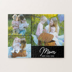 Mom Established Modern Script Black 3 Photo Jigsaw Puzzle