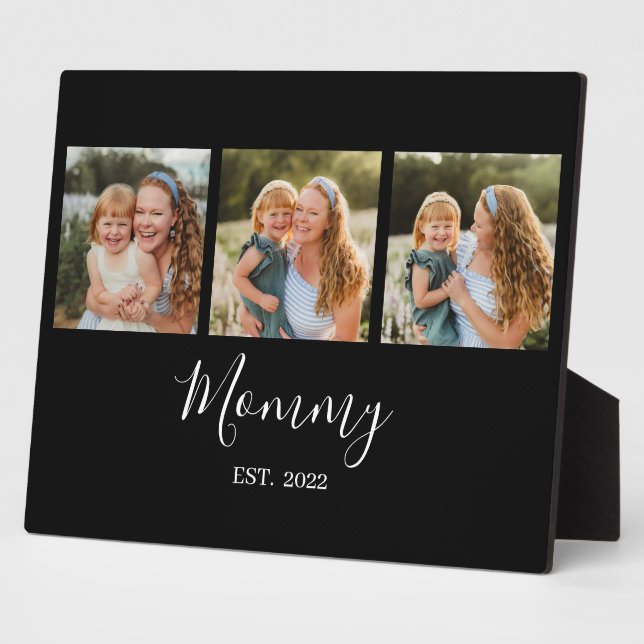 Mom Established Modern Script Black 3 Photo Plaque (Side)