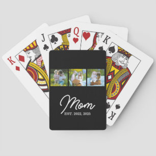 Mom Established Modern Script Black 3 Photo Playing Cards