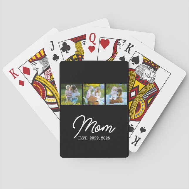 Mom Established Modern Script Black 3 Photo Playing Cards (Back)