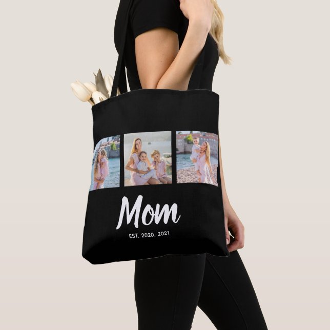 Mom Established Modern Script Black 3 Photo Tote Bag (Close Up)