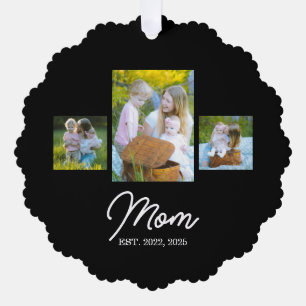 Mom Established Modern Script Black 3 Photo Tree Decoration Card