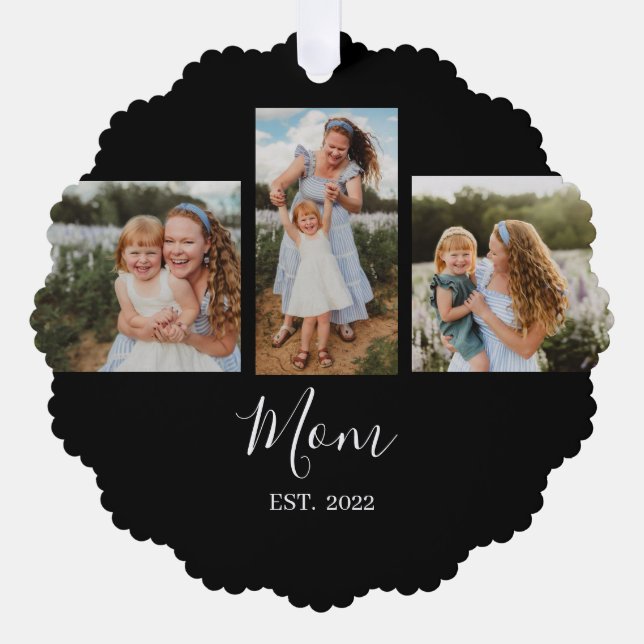 Mom Established Modern Script Black 3 Photo Tree Decoration Card (Front)