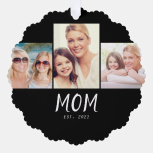 Mom Established Modern Script Black 3 Photo Tree Decoration Card
