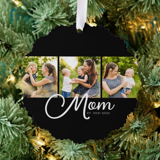 Mom Established Modern Script Black 3 Photo Tree Decoration Card (Insitu (Tree))