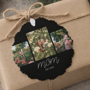 Mom Established Modern Script Black 3 Photo  Tree Decoration Card