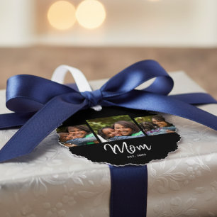 Mom Established Modern Script Black 3 Photo  Tree Decoration Card