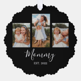 Mom Established Modern Script Black 3 Photo Tree Decoration Card