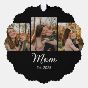 Mom Established Modern Script Black 3 Photo Tree Decoration Card