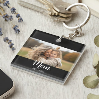 Mom Established Modern Script Black Photo Key Ring