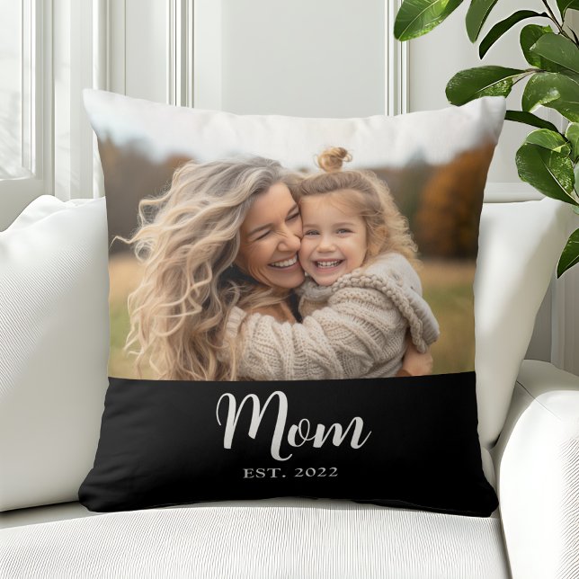 Mom Established Modern Script Photo Black Cushion (Mom established with customizable photo and editable text )