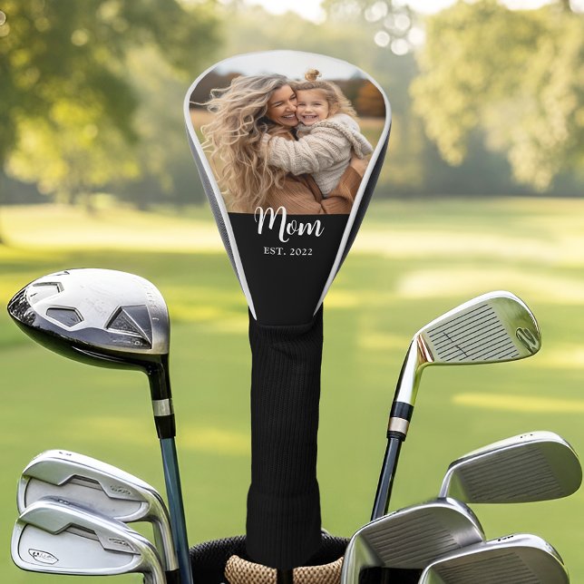 Mom Established Modern Script Photo Black Golf Head Cover (Mom established white script text with personalized with photo, name and Est. year)