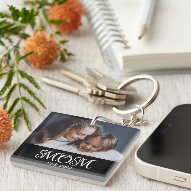 Mom Established Modern Script Photo Key Ring (Front Right)