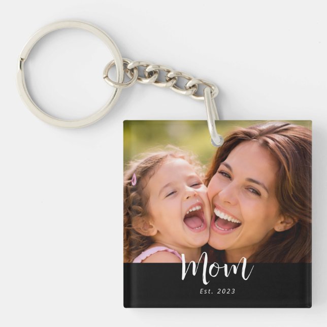 Mom Established Modern Script Photo Key Ring (Front)