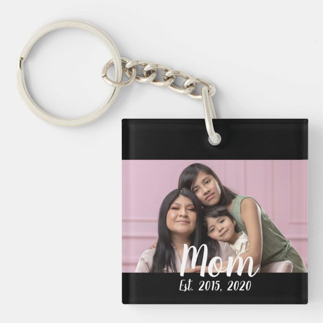 Mom Established Modern Script Photo Key Ring (Front)