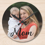 Mom Established Modern Script Photo Round Clock<br><div class="desc">Black Mom Established Modern Script Photo Design. Replace the photo with your own of your kids and change the years to the years you became a mom.</div>