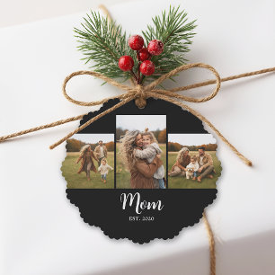 Mom Established Modern Script Text Black 3 Photo Tree Decoration Card
