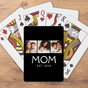 Mom Established Modern Typography Black 3 Photo Playing Cards