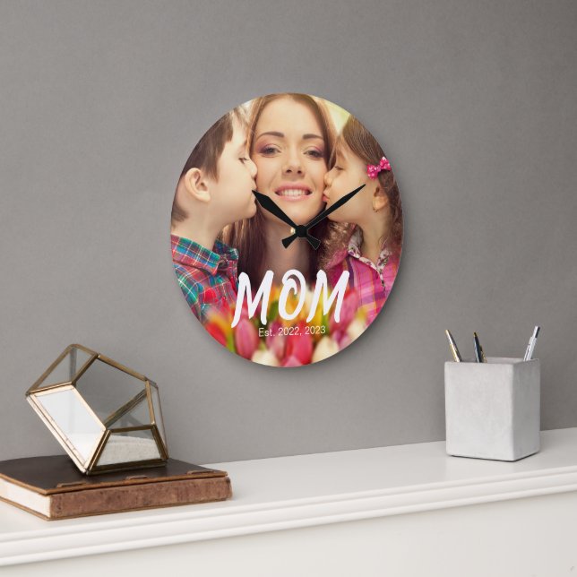 Mom Established Modern White Bold Font Photo Large Clock (Office)