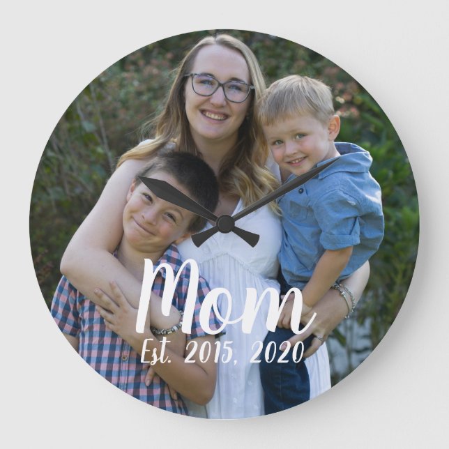 Mom Established Modern White Script Photo  Large Clock (Front)
