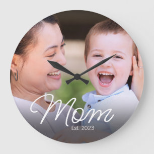 Mom Established Modern White Script Photo Large Clock