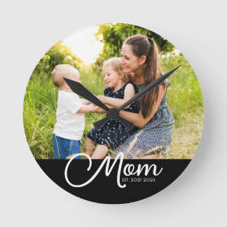 Mom Established Modern White Script Photo Round Clock