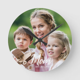 Mom Established Modern White Script Photo Round Clock