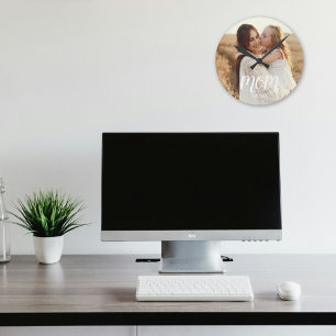 Mom Established Modern White Script Photo Round Clock