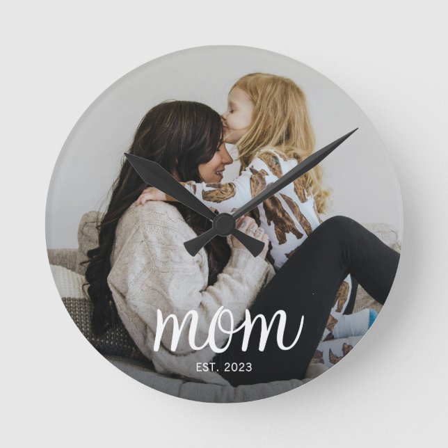 Mom Established Modern White Script Photo Round Clock (Front)