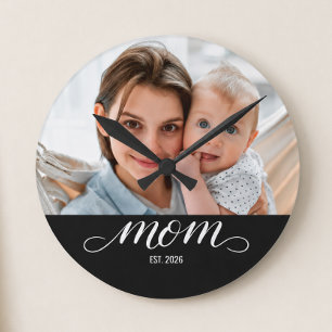 Mom Established Modern White Script Round Clock