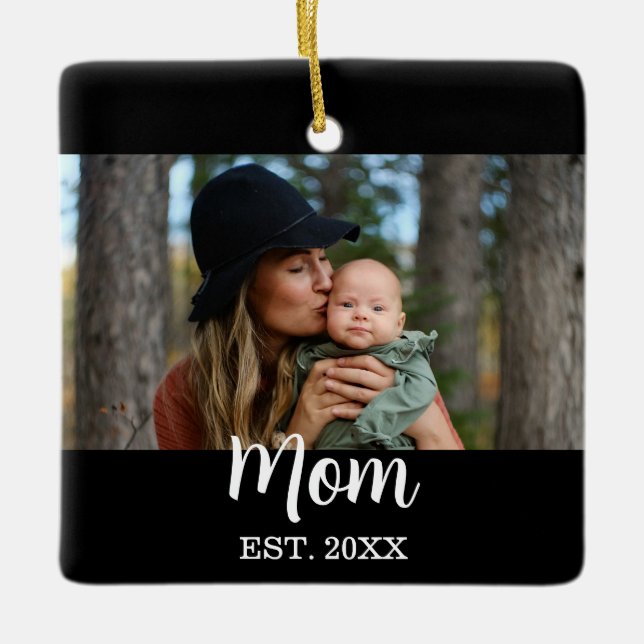 Mom Established Photo Mother's Day Black Ceramic Ornament (Front)