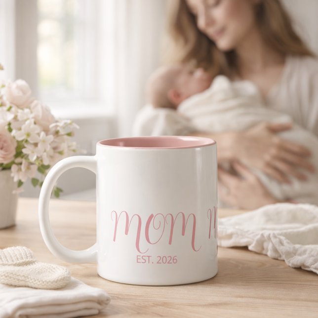 Mom Established Rose Pink Script New Mom Gift  Two-Tone Coffee Mug (Creator Uploaded)
