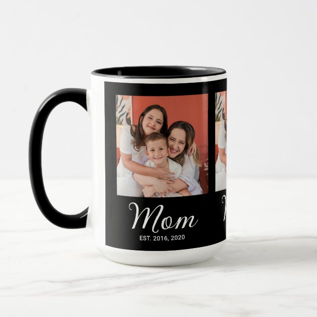 Mom Established Script Black 3 Photo Coffee Mug (Left)