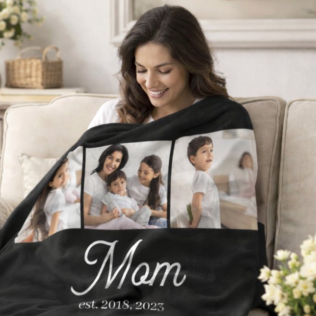 Mom Established Script Black 3 Photo Fleece Blanket (Creator Uploaded)
