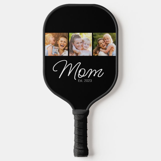 Mom Established Script Black 3 Photo Pickleball Paddle (Front)