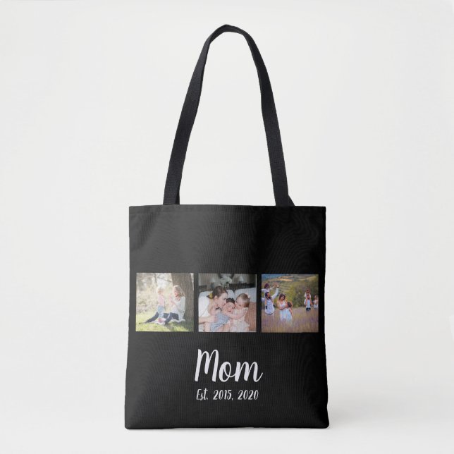 Mom Established Script Black 3 Photo Tote Bag (Front)