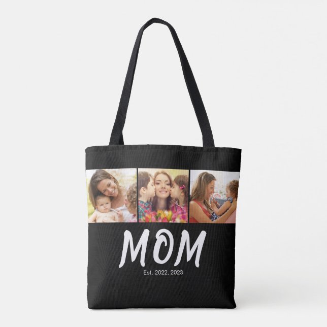 Mom Established Script Black 3 Photo Tote Bag (Back)