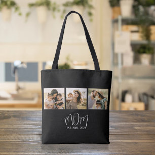 Mom Established Script Black 3 Photo Tote Bag