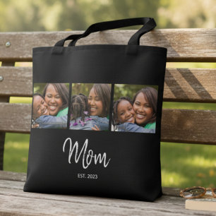 Mom Established Script Black 3 Photo Tote Bag
