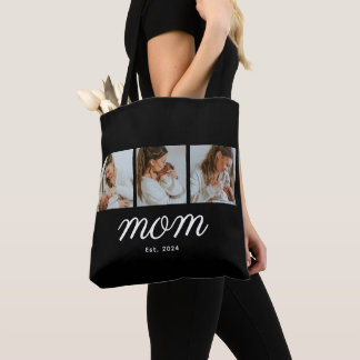 Mom Established Script Black 3 Photo Tote Bag