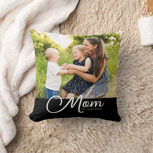 Mom Established Script Black Photo  Cushion (Blanket)