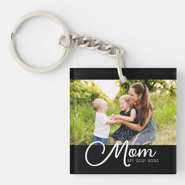 Mom Established Script Black Photo  Key Ring (Front)