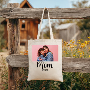 Mom Established Script Black Photo Mothers Day Mum Tote Bag