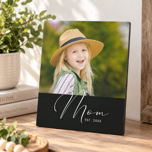 Mom Established Script Black Photo New Mom Plaque