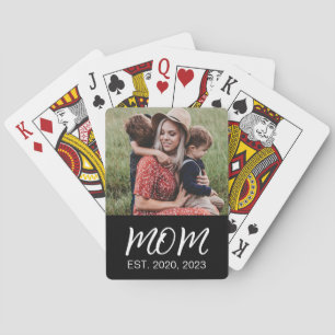 Mom Established Script Black Photo Playing Cards