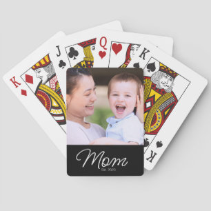 Mom Established Script Black Photo Playing Cards